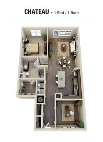 A floor plan of a chateau with one bed and one bath.