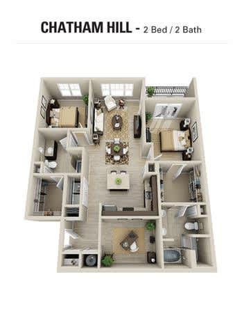A 2 Bedroom, 2 Bathroom Chatham Hill apartment layout.