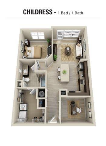 A floor plan of a child-friendly apartment with one bed and one bathroom.