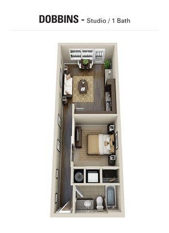 A studio apartment with a bathroom is shown in the image.
