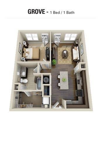 A grove apartment with one bed and one bath.