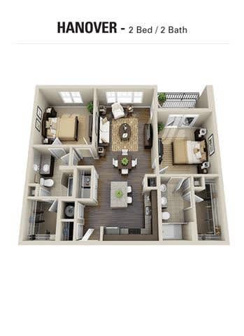 A floor plan of a two bedroom, two bathroom Hanover.