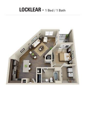 A floor plan of a Locklear apartment with one bed and one bath.
