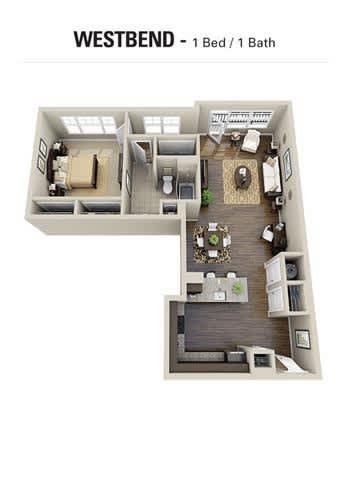 A floor plan of a one bedroom apartment with one bathroom.