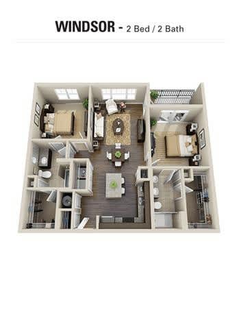 A floor plan of a Windsor 2 Bed / 2 Bath accommodation.