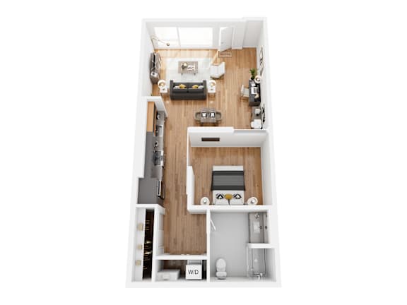 A top down view of a small apartment with a kitchen, living room and bathroom.