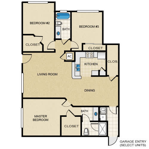 A floor plan of an apartment with a living room, kitchen, dining room, and three bedrooms.
