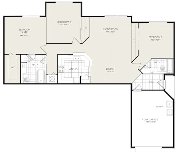 A floor plan of a house with three bedrooms, a living room, a kitchen, a dining room, a bathroom, a washing machine, a WC, and a car garage.