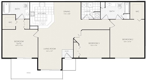 A floor plan of a house with a living room, dining room, kitchen, two bedrooms, a bathroom, a patio, and a WC.