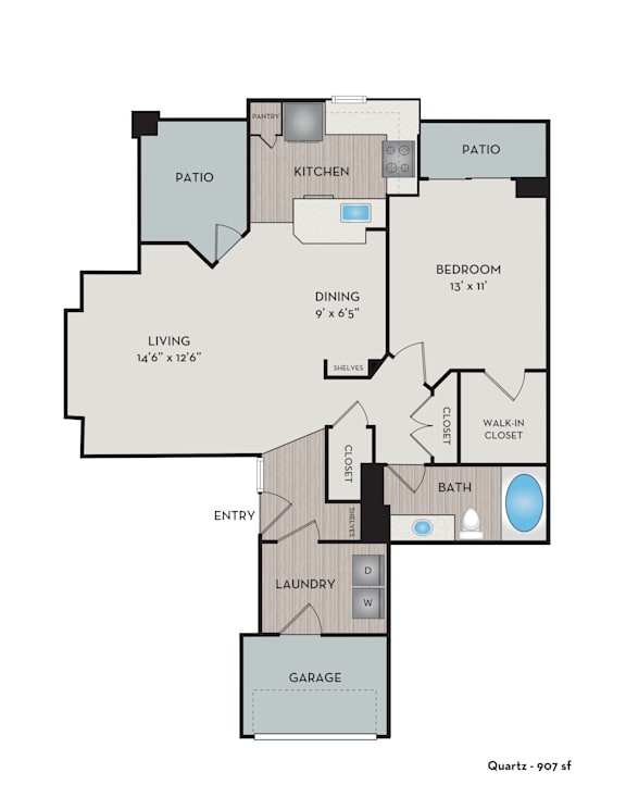 A floor plan of a living space with a kitchen, dining area, and bathroom.