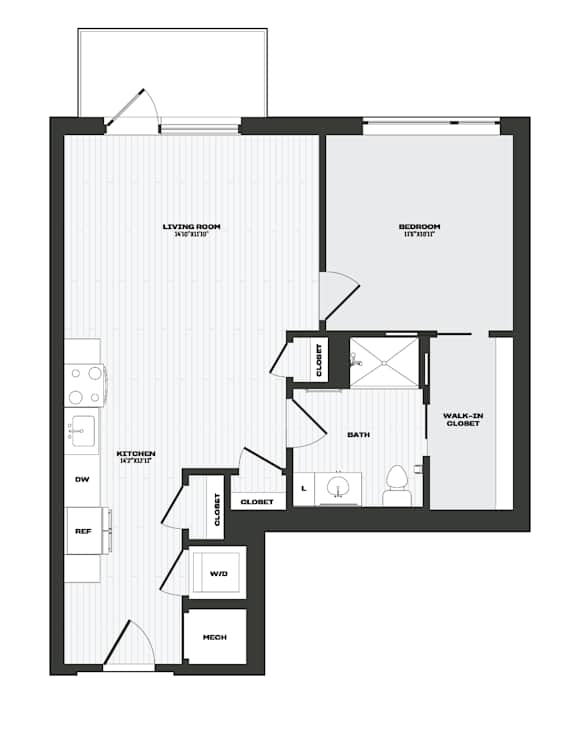 A black and white floor plan of an apartment with a living room, bedroom, bathroom, and other rooms.