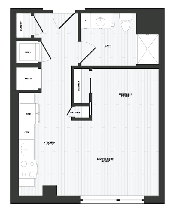 A floor plan of a living room, kitchen, and bathroom.