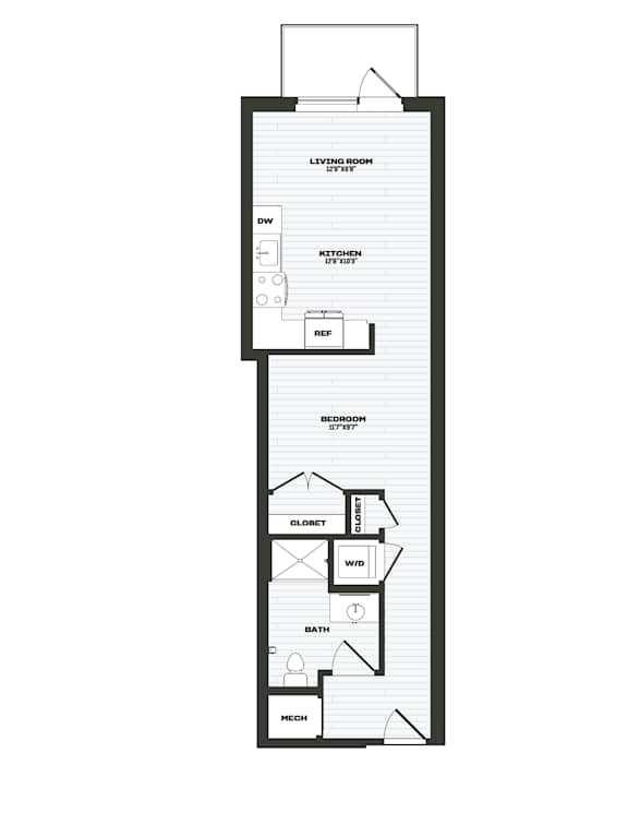 A floor plan of a house with a living room, kitchen, bedroom, bathroom, closet, and a garage.