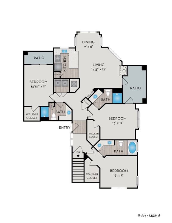 A floor plan of a home layout with a living room, two bedrooms, a bathroom, a patio, and a walk-in closet.