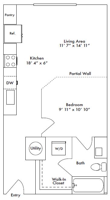 Floor plan layout of 585 sf studio apartment with separated living and sleeping space.