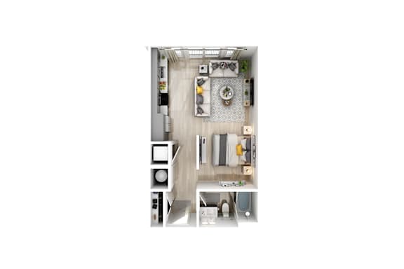 A top-down view of a small, neatly organized apartment with a kitchen, living room, and bathroom.