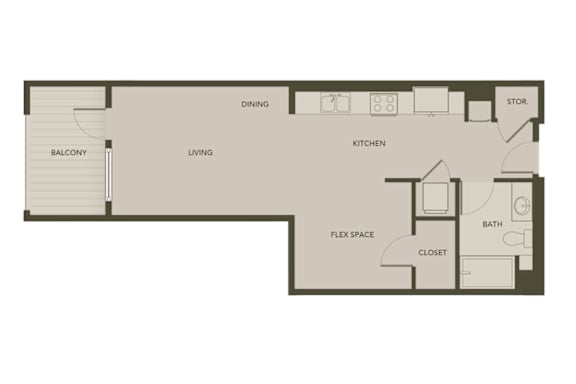 A floor plan of a house with a balcony, living room, dining room, kitchen, flex space, closet, and bathroom.