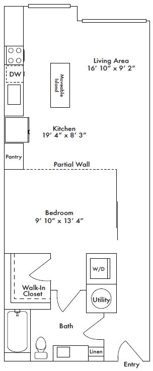Floor plan layout of 745 sf studio apartment.