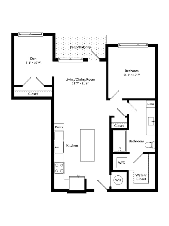 A floor plan of a house with a den, living/dining room, kitchen, bathroom, and bedroom.