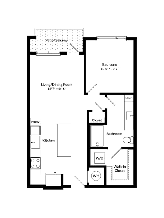 A floor plan of a small apartment with a living room, dining room, kitchen, bedroom, and bathroom.