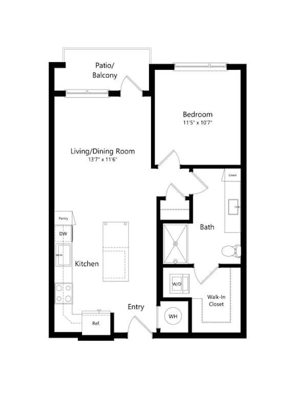 A floor plan of a small apartment with a living room, kitchen, bathroom, and bedroom.