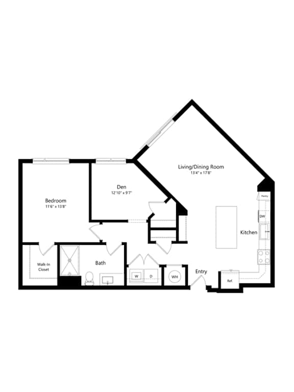 A black and white drawing of a house with a living and dining room.