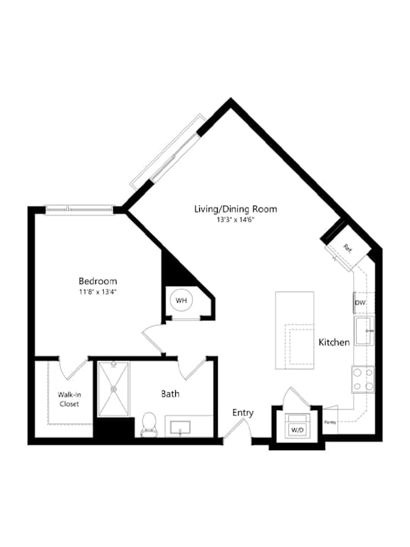 A black and white floor plan of a house with a living/dining room, kitchen, bath, bedroom, and walk-in closet.