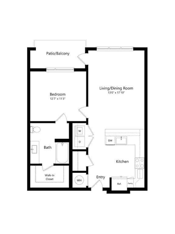 A floor plan of a small apartment with a bedroom, bathroom, kitchen, and living/dining room.