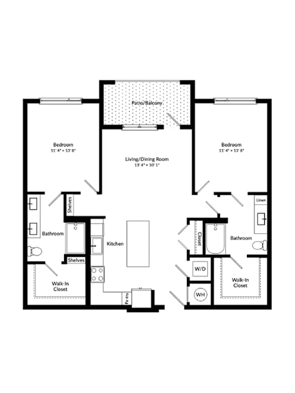 A floor plan of a house with two bedrooms, a living room, a kitchen, a bathroom, and a walk-in closet.
