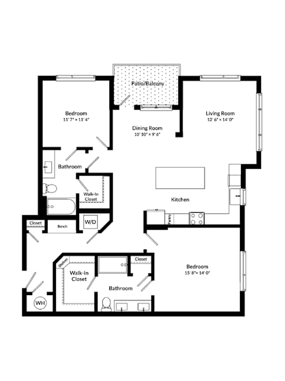 A floor plan of a house with a living room, dining room, kitchen, and two bedrooms.