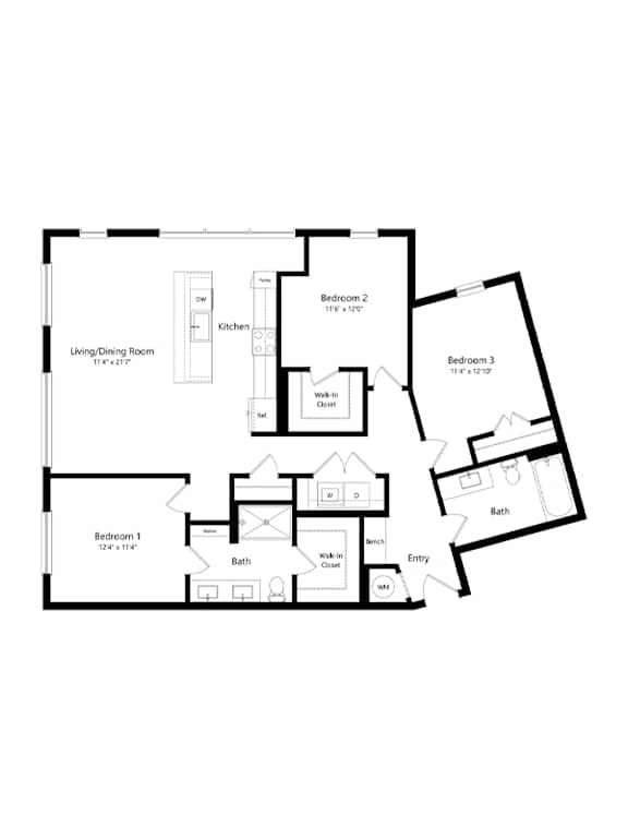 A black and white floor plan of a house with three bedrooms and a living room.