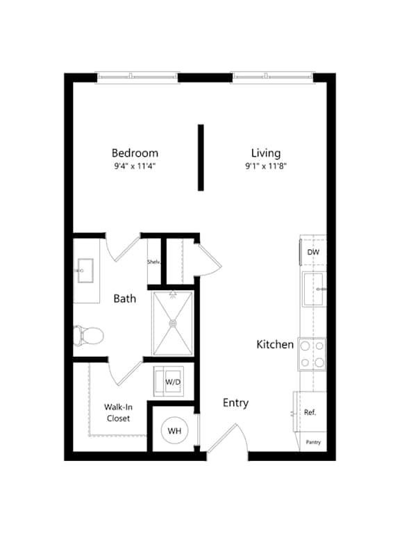A floor plan of a small apartment with a bedroom, living room, kitchen, bathroom, and walk-in closet.
