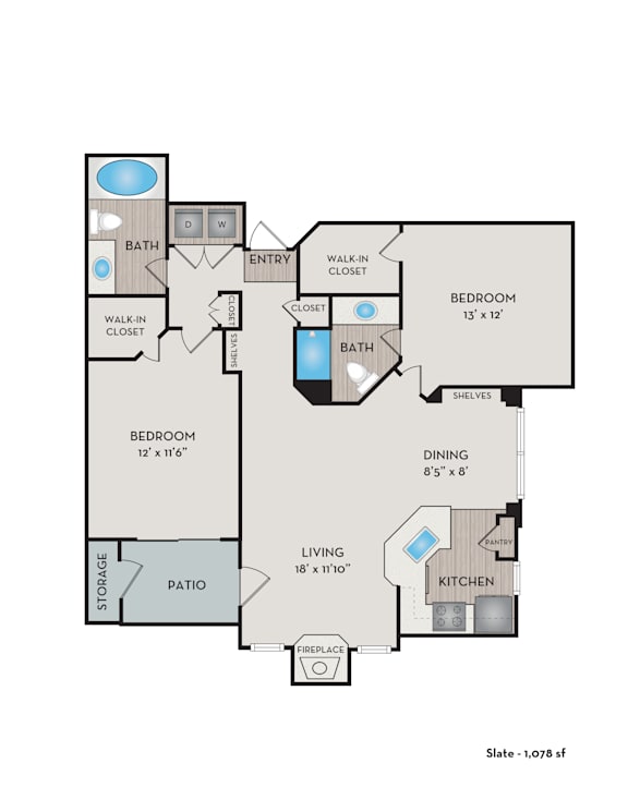 A floor plan of a home with a living room, dining room, kitchen, two bedrooms, a patio, and a fireplace.