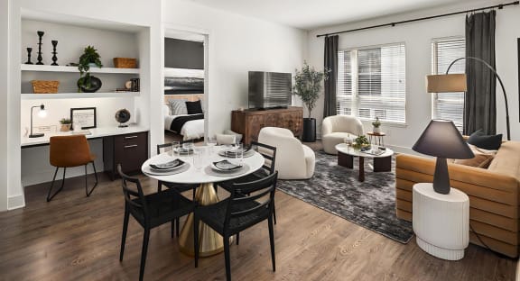 Living and Dining Areas with Built In Workspace