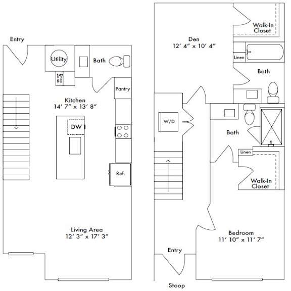 Floor plan layout of 1236 sf one-bedroom townhome apartment featuring two and one-half bathrooms, a den space, and patio.