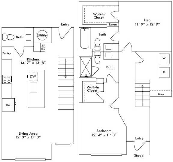 Floor plan layout of 1366 sf one-bedroom townhome apartment featuring two and one-half bathrooms, a den space, and patio.