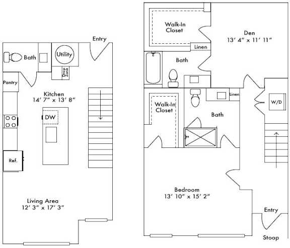 Floor plan layout of 1455 sf one-bedroom townhome apartment featuring two and one-half bathrooms, a den space, and patio.
