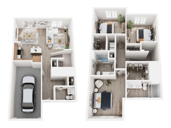 two views of a floor plan of a house with a car