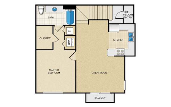 A floor plan of an apartment with a master bedroom, a great room, a kitchen, a bath, and a balcony.
