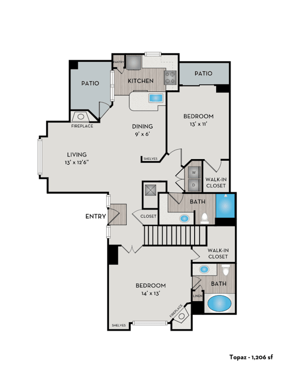 A floor plan of a Topaz apartment with 1,200 square feet.