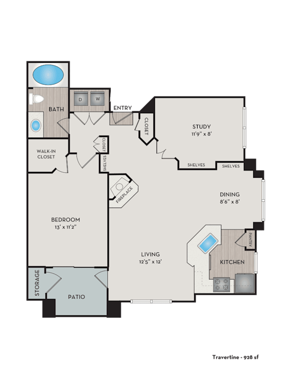 A floor plan of a house with a bedroom, living room, kitchen, study, and dining area.