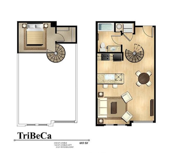 A floor plan of a TriBeCa apartment with a living room, kitchen, and bedrooms.