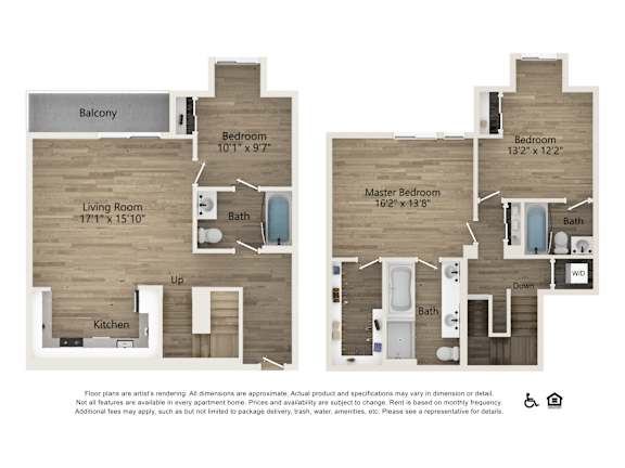 A floor plan of a two-story townhome with a balcony, living room, kitchen, and three bedrooms.
