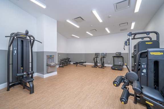 A gym with a variety of equipment including a treadmill, weights, and a bench.
