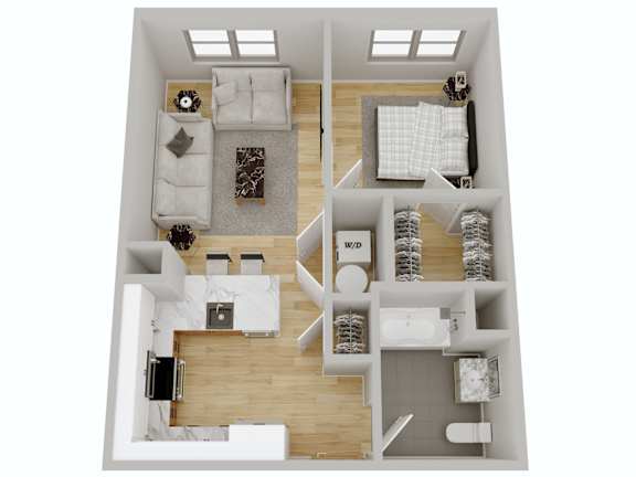 3D floor plan of one bedroom apartment at Port & Main Apartments, Port Chester, 10573