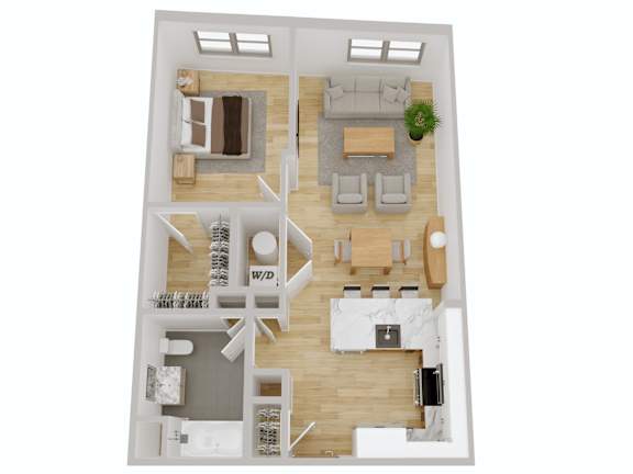 3D floor plan with one bedroom layout at Port & Main Apartments, Port Chester, New York