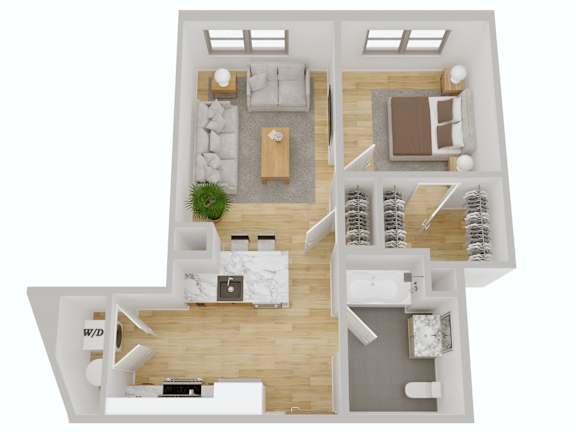 One bedroom 3D floor plan with open layout at Port & Main Apartments, Port Chester