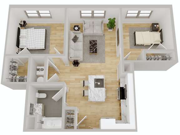 Two bedroom 3D floor plan layout at Port & Main Apartments, New York