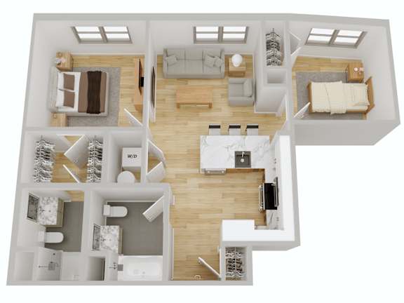 3D floor plan of 2 bedroom apartment at Port & Main Apartments, Port Chester, NY 10573