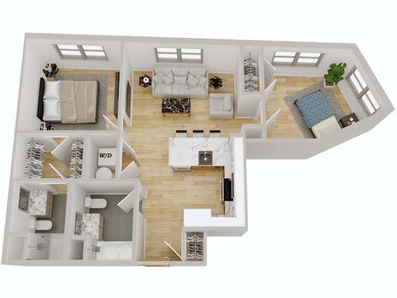 3D floor plan of two bedroom apartment at Port & Main Apartments, Port Chester, NY